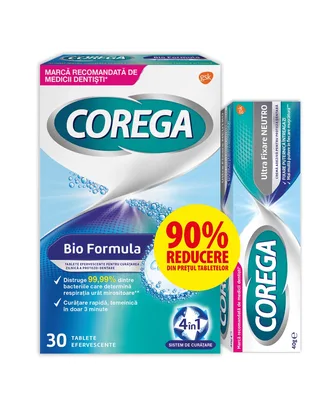 Pachet Adeziv pentru proteza Neutro 40g + Tablete efervescente Corega, 30 tablete, Haleon