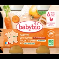 Piure de morcovi, pui si orez Bio, 2 x 200g, BabyBio