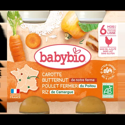Piure de morcovi, pui si orez Bio, 2 x 200g, BabyBio