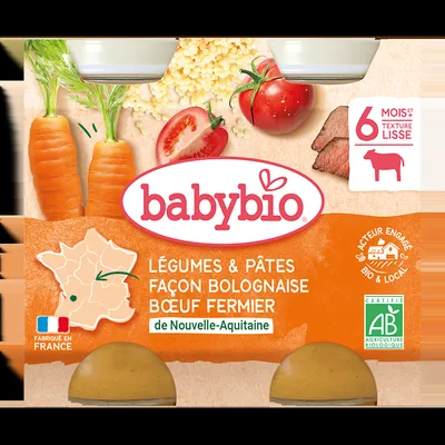 Piure bio de legume si paste in stil Bolognaise +6 luni, 2 x 200g, BabyBio