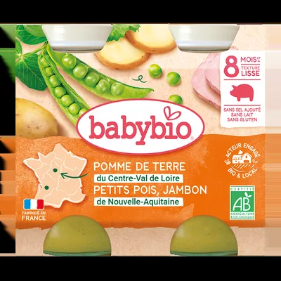 Piure bio din cartofi, mazare si jambon +8 luni, 2 x 200g, BabyBio