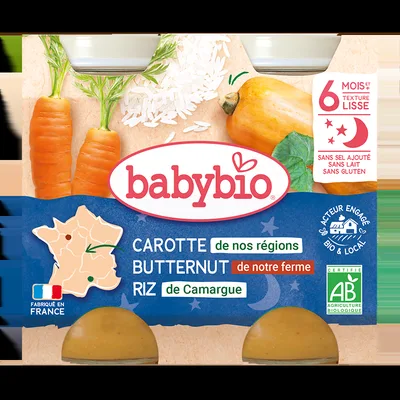 Piure de morcovi, dovleac si orez Bio, 2 x 200g, BabyBio