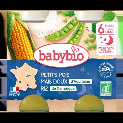 Piure de mazare, porumb dulce si orez Bio, 2 x 200g, BabyBio