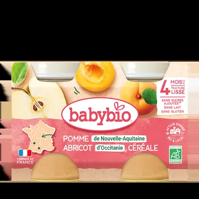 Piure din mere, caise si cereale Bio +4 luni, 2 x 130g, BabyBio