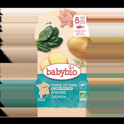 Meniu cu spanac, cartofi si somon 8+ luni, 2 x 200g, BabyBio