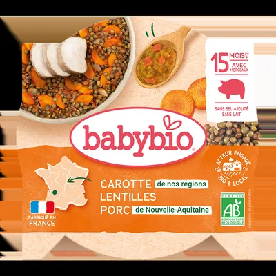 Meniu cu morcovi, linte si carne de porc, 260g, BabyBio