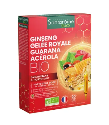Ginseng Gelee Royale Guarana Acerola Bio, 20 fiole, Santarome