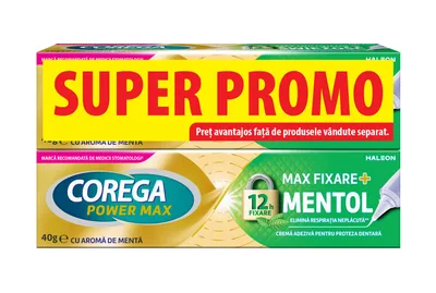 Pachet crema adeziva pentru proteza dentara Power Max Fixare+ Mentol Corega, 2 x 40g, Haleon
