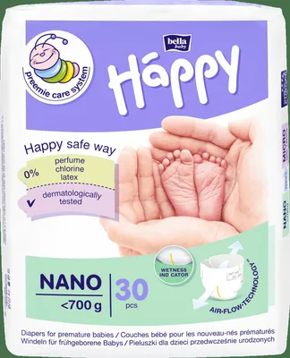 Scutece prematuri cu greutate sub 700g Nano Happy, 30 bucati, Bella Baby