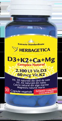 Complex Natural D3+K2+Ca, 30 capsule vegetale, Herbagetica