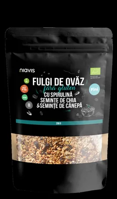 Fulgi de ovaz fini fara gluten cu spirulina, chia si seminte de canepa Eco, 200g, Niavis