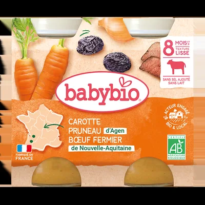 Piure din carne de vacuta, morcovi si prune uscate Bio +8 luni, 2 x 200g, BabyBio