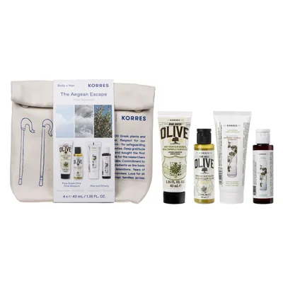 Pachet Travel Olive Gel de dus 40ml + Crema de corp 40ml + Gel de dus 40ml + Balsam 40ml, Korres