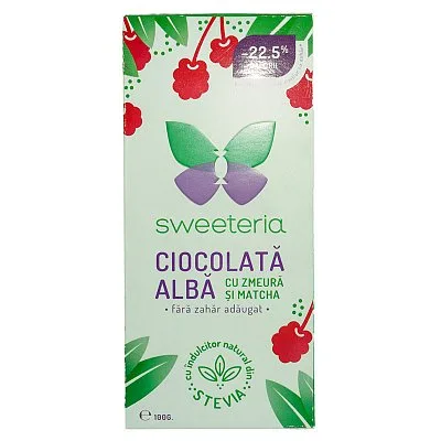 Ciocolata alba cu zmeura si matcha (Stevie si Erytrithol), 100g, Sweeteria