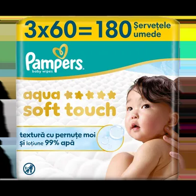 Servetele umede cu 99% apa si lotiune usoara Aqua Soft Touch, 60 bucati, Pampers