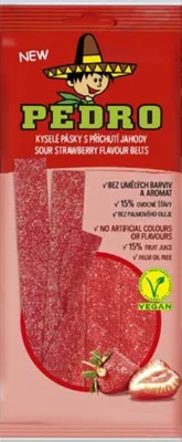 Bomboane gumate acrisoare cu aroma de capsuni si forma de panglici, 80g, Pedro