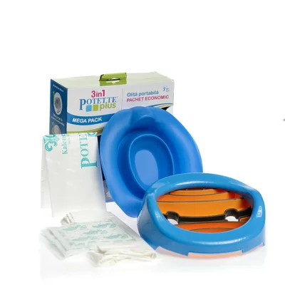 Set Albastru 3 in 1 Olita portabila + Liner + 10 saci biodegradabili, Potette Plus