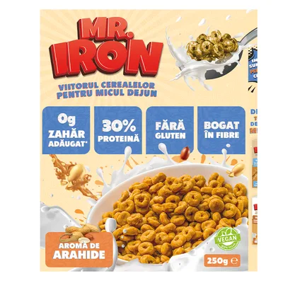 Cereale cu 30% proteina fara zahar low-carb gluten free si vegane Unt de Arahide, 250g, Mr. Iron