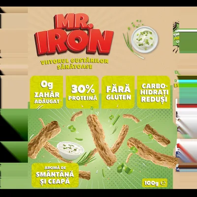 Snack cu 30% proteina fara zahar low-carb gluten free Smantana si Ceapa Tojos, 100g, Mr. Iron