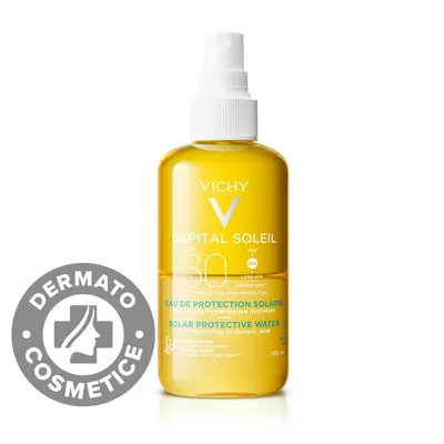 Apa de protectie solara SPF 50 pentru fata si corp cu acid hialuronic Hydra Capital Soleil, 200ml, Vichy