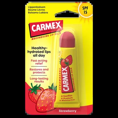 Balsam reparator pentru buze uscate si crapate cu aroma de capsuni SPF15, Carmex | 10 g