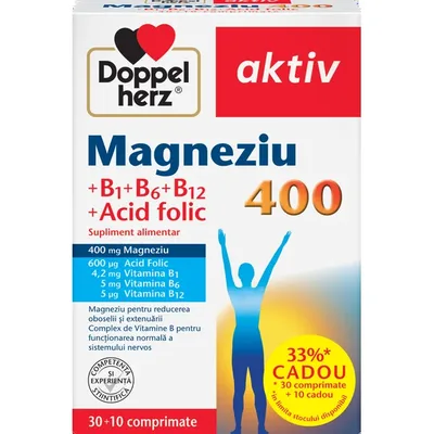 Magneziu 400 mg+Acid folic+Vitamina B1+B6+B12, Doppelherz Aktiv | 30 comprimate + 10 comprimate CADOU