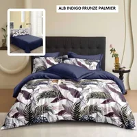 Lenjerie pat FINET (6 piese) alb indigo frunze palmier 230x250 cm, Ralex | 1 buc
