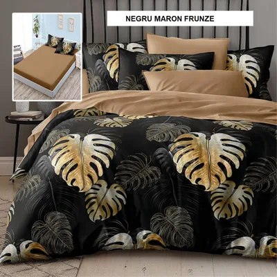 Lenjerie pat cu husa FINET (6 piese) negru maron frunze 180x200 cm, Ralex | 1 buc
