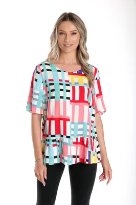 Bluza volan CV24056 alb/multicolor cadrilat, Cesy | marimea S