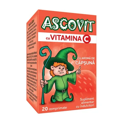 Ascovit cu vitamina C cu aroma de capsuni, 100 mg, Omega Pharm | 20 comprimate
