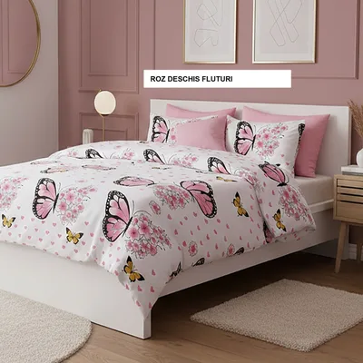 Lenjerie de pat policoton ELVO roz deschis fluturi 230x250 cm, Ralex | 1 buc