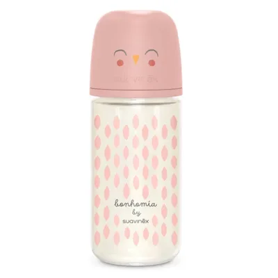 Biberon din sticla cu tetina SX Pro cu debit mediu, roz, Bonhomia, Suavinex | 240 ml