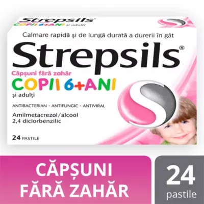 Strepsils Capsuni fara zahar copii 6+ ani, Reckitt Benkiser | 24 pastile
