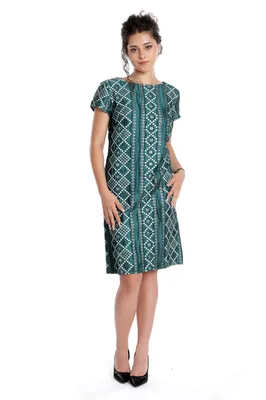 Rochie brocart CT23061 verde padure/alb geometric, Cesy | marimea M