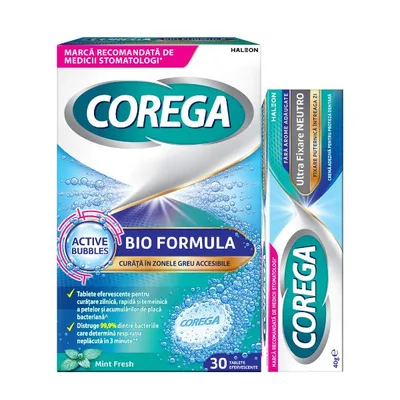 Pachet Crema adeziva proteza Corega Neutro 40g + Tablete Efervescente Bio Formula 30 buc, Haleon | pachet crema 40 gr + 30 buc tablete efervescente
