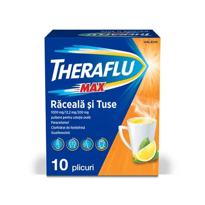 Theraflu Max raceala si tuse 1000 mg/12,2 mg/200 mg, Haleon | 10 plicuri