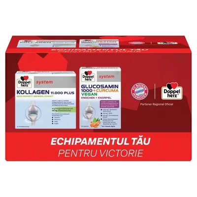 Doppelherz System kollagen 11.000 Plus + Doppelherz System glucozamina 1000 + curcuma vegan, Queisser Pharma | 30 flacoane + 60 comprimate
