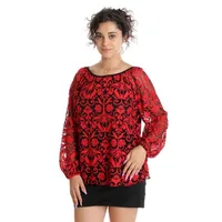 Bluza tulle & insertie florala CT24100 negru & rosu, Cesy | marimea M