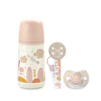 Set biberon Dreams Roz 270 ml, tetina SX Pro flux mediu, suzeta SX Pro 0-6 luni si lantisor pentru suzeta, Suavinex