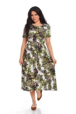 Rochie snur talie ERV21V165 alb/verde imprimeu frunze, Eranthe | marimea S