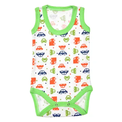 Body maiou/2 capse RB01 alb/imprimeu masinute/verde, Rombaby | 12/18 luni