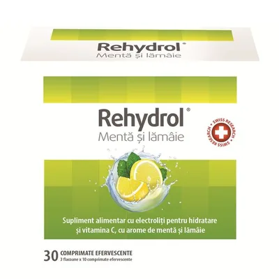 Saruri de rehidratare cu menta si lamaie Rehydrol, 30 comprimate efervescente, MBA Pharma
