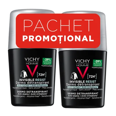 Pachet Deodorant Roll-On Antiperspirant pentru Bărbați Invisible Resist 72H, 50 ml + 50 ml, Vichy