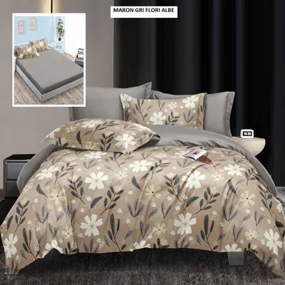 Lenjerie cu husa ELEGANCE maron gri flori albe 180x200 cm, Ralex | 1 buc
