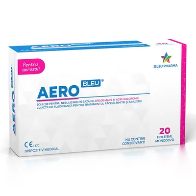 Solutie pentru nebulizare cu apa ai acid hialuronic Aero Bleu, Bleu Pharma | 20 fiole x 5 ml