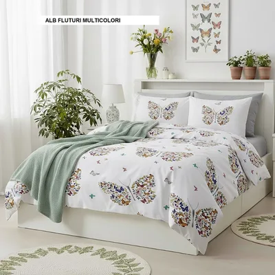Lenjerie de pat policoton ELVO alb fluturi multicolori 230x250 cm, Ralex | 1 buc