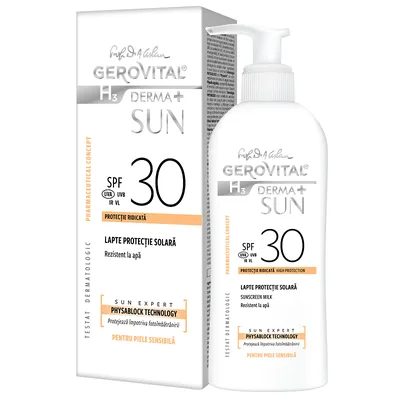 Lapte protectie solara SPF 30 H3 Derma+ Sun, Gerovital, Farmec | 150 ml