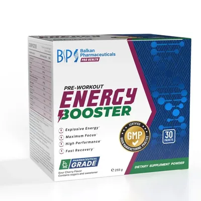 Supliment Pre-workout, Balkan Pharmaceuticals, Energy Booster, 30 plicuri, aromă vișine