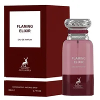 Eau de Parfum, Maison Alhambra, Flaming Elixir, roz, sticlă transparentă, capac argintiu