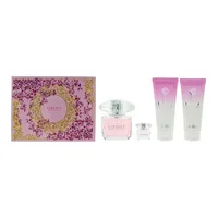 Set Cadou Parfum Versace Bright Crystal, 4 bucăți (Eau de Toilette 90ml + Gel de duș 100ml + Loțiune pentru corp 100ml + EDT 5ml), cutie roz cu motive florale